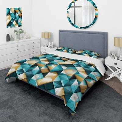 Design Art Amitie Teal Modern Geometric Tiles - Geometric Duvet Cover Set - Microfiber Polyester In Green;gold