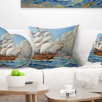 Design Art Ancient Boat Drifting In Sea - Sea & Shore Printed Pillow In Blue;black;brown;green;red;yellow