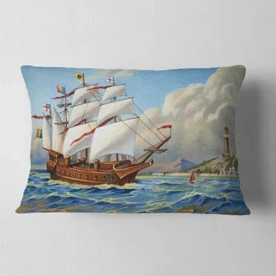 Design Art Ancient Boat Drifting In Sea - Sea & Shore Printed Throw Pillow In Multi-color