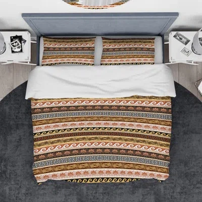 Design Art Ancient Greek Patterns - Traditional Abstract Duvet Cover Set - Microfiber Polyester In Brown,yellow,gold