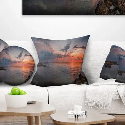 Design Art Ancient Ruins And Beach Panorama - Sea & Shore Printed Throw Pillow In Brown;orange