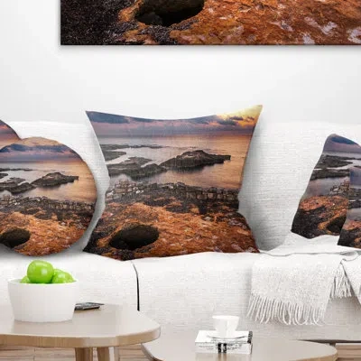 Design Art Ancient Ruins On Beach Sunset - Sea & Shore Printed Throw Pillow In Brown;orange