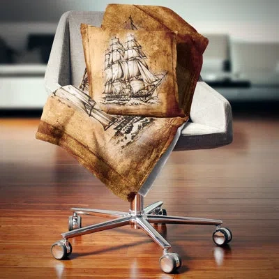 Design Art Ancient Sailboat Drawing - Sea & Shore Printed Pillow In Blue;black;brown;green;red;yellow