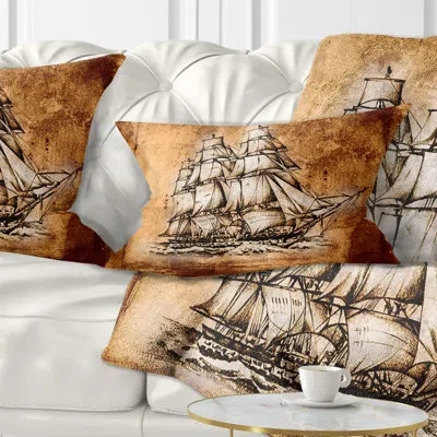 Design Art Ancient Sailboat Drawing - Sea & Shore Printed Throw Pillow