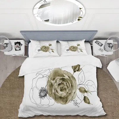 Design Art Anemone Bouquet Flower With Eucalyptus Branches I - Traditional Polyester Duvet Cover Set In Gold