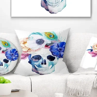Design Art Anemones And Scull - Floral Printed Pillow In Green;purple