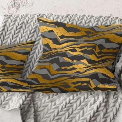 Design Art Angled Lines And Waves Pattern - Mid-century Modern Printed Throw Pillow In Gold