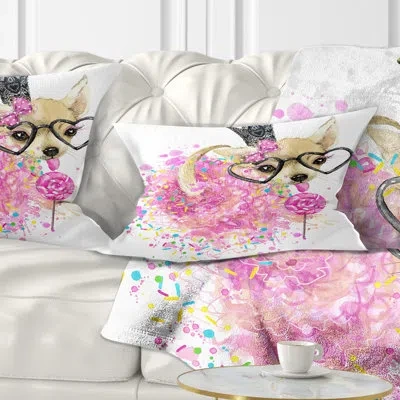 Design Art Animal Cute Dog With Crown And Glasses Lumbar Pillow In Pink