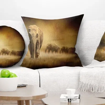 Design Art Animal Elephants At Sunset Pillow In Black;brown