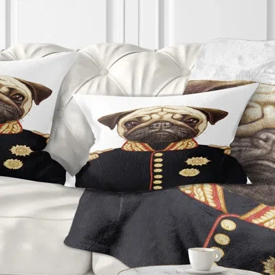 Design Art Animal Funny Pug Dog In Military Uniform Lumbar Pillow In Black;white