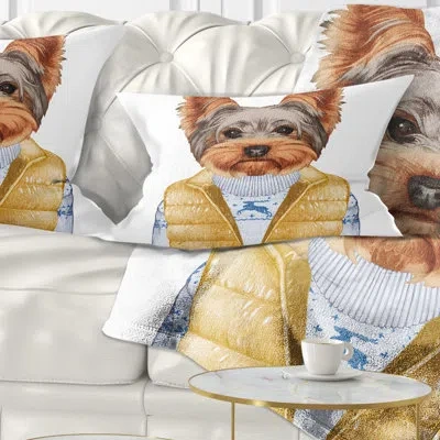 Design Art Animal Terrier In Down Vest And Sweater Lumbar Pillow In White;gold