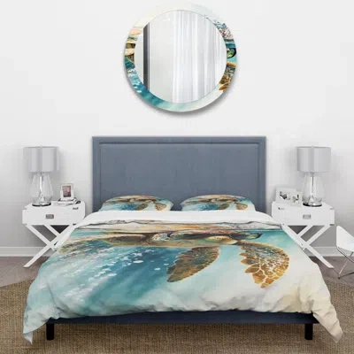 Design Art Animals 4 Pcs Comforter Set - Turtle With Glasses In The Ocean Iii Comforter Bedding Set In Green;yellow