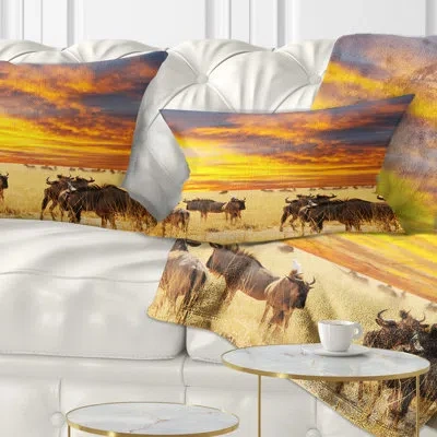 Design Art Antelope Crowd At Sunset - Animal Printed Throw Pillow In Yellow
