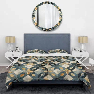 Design Art Antique Beige And Blue Marrocan Tiles - Geometric Duvet Cover Set In Beige;teal