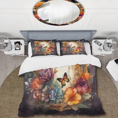 Design Art Antique Floral Mirror With Butterflies I - Floral Duvet Cover Set - Microfiber Polyester In Orange;purple