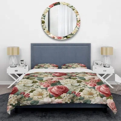 Design Art Antique Rose Muted Green Garden Duvet Cover Set In Green;pink