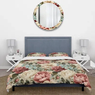 Design Art Antique Rose Muted Green Garden Iii Duvet Cover Set In Green;pink