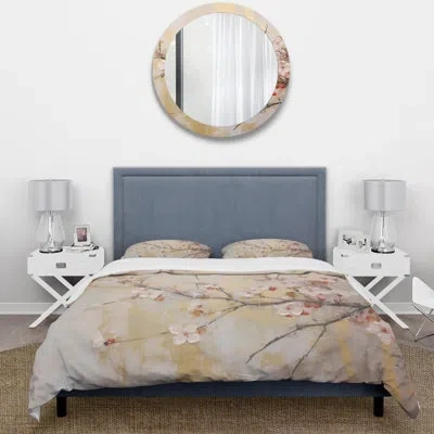 Design Art Apple Blossom Harmony Iii - Apple Blossom Duvet Cover Set - Microfiber Polyester In Pink;gold
