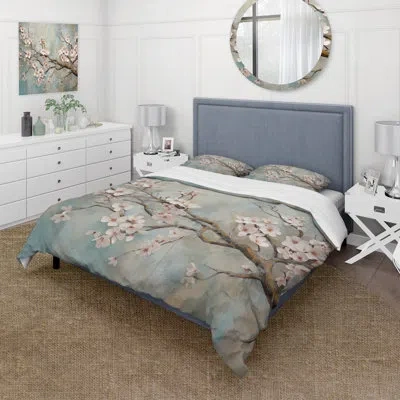 Design Art Apple Blossom Harmony Ix - Apple Blossom Duvet Cover Set In White;gray