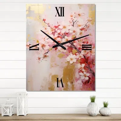 Design Art Apple Blossom Harmony Vi - Floral Very Large Wall Clocks In Pink;gold