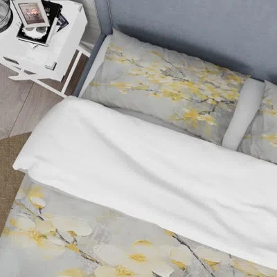 Design Art Apple Blossom Harmony Xv - Apple Blossom Duvet Cover Set - Microfiber Polyester In Gray;yellow