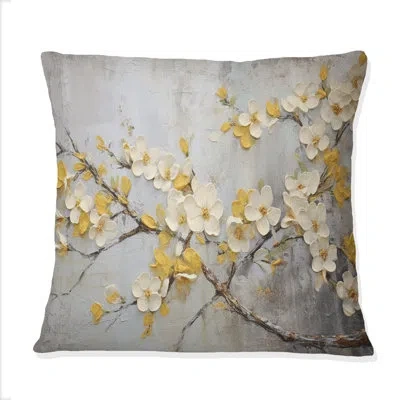Design Art Apple Blossom Harmony Xvii - Apple Blossom Printed Throw Pillow In Gray;yellow