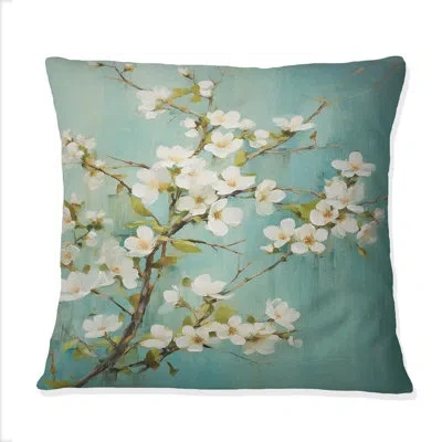 Design Art Apple Blossom Monochromatic Elegance Xxi - Apple Blossom Printed Throw Pillow In White;green