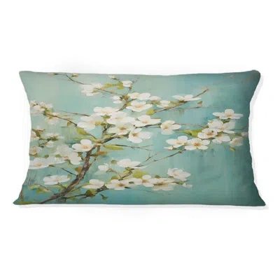 Design Art Apple Blossom Monochromatic Elegance Xxi - Apple Blossom Printed Throw Pillow In White;green