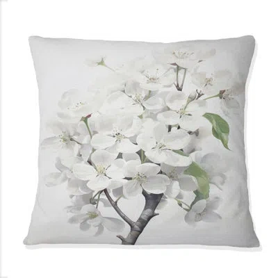 Design Art Apple Blossom Monochromatic Elegance Xxiv - Apple Blossom Printed Throw Pillow In White;green