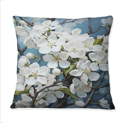 Design Art Apple Blossom Monochromatic Elegance Xxix - Apple Blossom Printed Throw Pillow In Blue;white