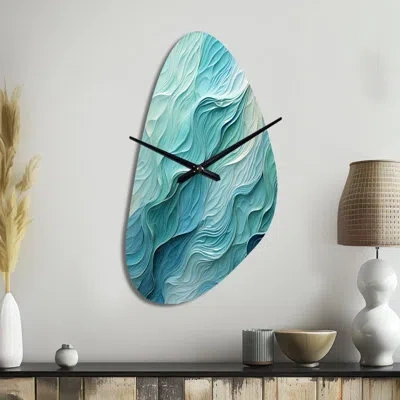 Design Art Aqua Blue And White Serenity Swirl I - Abstract Spirals Asymmetrical Metal Wall Clock, Modern Unique