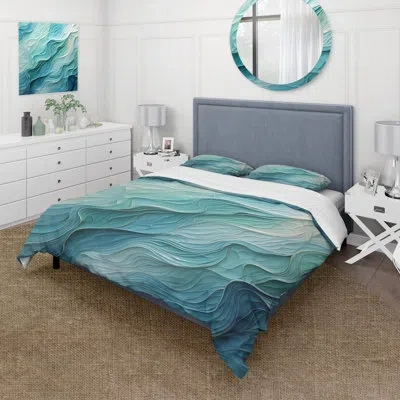 Design Art Aqua Blue And White Serenity Swirl I - Abstract Spirals Duvet Cover Set In Blue;white