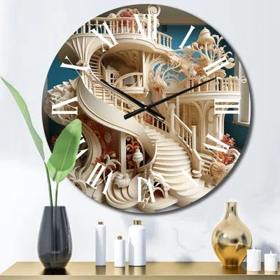 Design Art Architectural Spiral Staircase I Metal Wall Clock In White