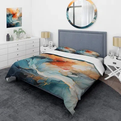 Design Art Architecture Comforter Set 4 Pcs - Teal Orange Bold Abstract Flow Collage Ii Comforter Bedding Set In Teal;orange