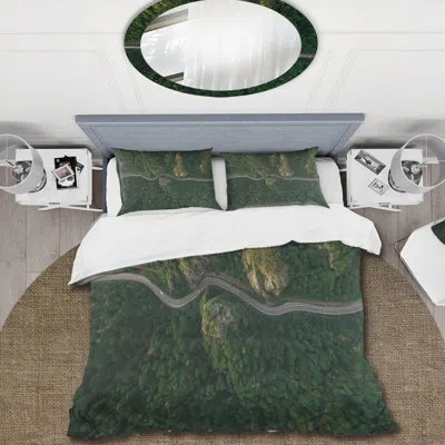 Design Art Arial View Of Curvy Mountain Road - Lake House Duvet Cover Set - Microfiber Polyester In Green,gray