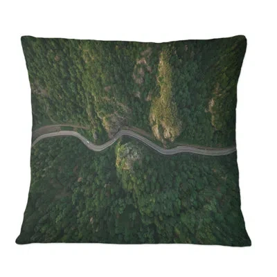 Design Art Arial View Of Curvy Mountain Road - Lake House Printed Throw Pillow In Green;gray