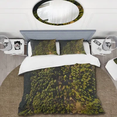 Design Art Arial View Of Green Woods - Lake House Duvet Cover Set - Microfiber Polyester In Green;yellow