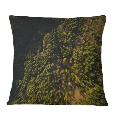 Design Art Arial View Of Green Woods - Lake House Printed Throw Pillow In Green;yellow