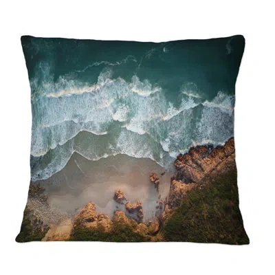 Design Art Arial View Of Ocean Waves Breaking, Coastline I - Nautical & Coastal Printed Throw Pillow In Brown;green