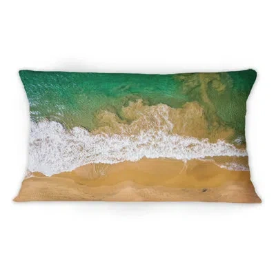 Design Art Arial View Of Ocean Waves Breaking, Coastline Ii - Nautical & Coastal Printed Throw Pillow