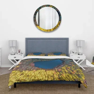 Design Art Ariel View Of Mountain Lake In The Woods - Lake House Duvet Cover Set - Microfiber Polyester In Green,yellow