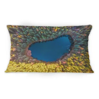 Design Art Ariel View Of Mountain Lake In The Woods - Lake House Printed Throw Pillow