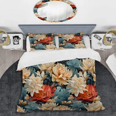 Design Art Art Nouveau Botany Peonies Pattern I Duvet Cover Set In Blue