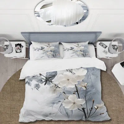 Design Art Asian Art Apple Blossom Sumi Vi - Asian Art Duvet Cover Set - Microfiber Polyester In White;gray