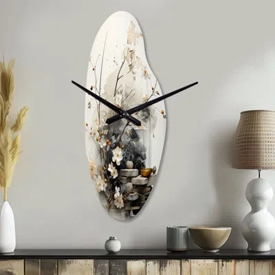 Design Art Asian Art Classics Sumi Iii - Asian Art Asymmetrical Metal Wall Clock, White Curved Clock Print In White;gray