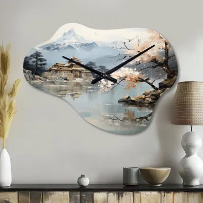 Design Art Asian Art Imperial Landscape Ii - Asian Art Asymmetrical Metal Wall Clock, White Cloud Wall Clock Pr In White;gray
