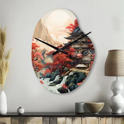 Design Art Asian Art Landscape - Asian Art Asymmetrical Metal Wall Clock, Global Unique Shape Wall Clock Print In Red