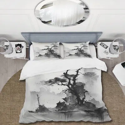 Design Art Asian Art Landscape Sumi - Asian Art Duvet Cover Set - Microfiber Polyester In White;gray
