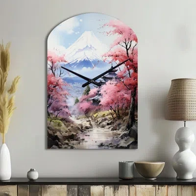 Design Art Asian Art Majestic Mont Fuji Iii - Asian Art Asymmetrical Metal Wall Clock, Pink Arch Metal Wall Clo In Red;pink