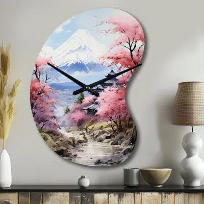 Design Art Asian Art Majestic Mont Fuji Iii - Asian Art Asymmetrical Metal Wall Clock, Pink Unique Shape Clock  In Red;pink